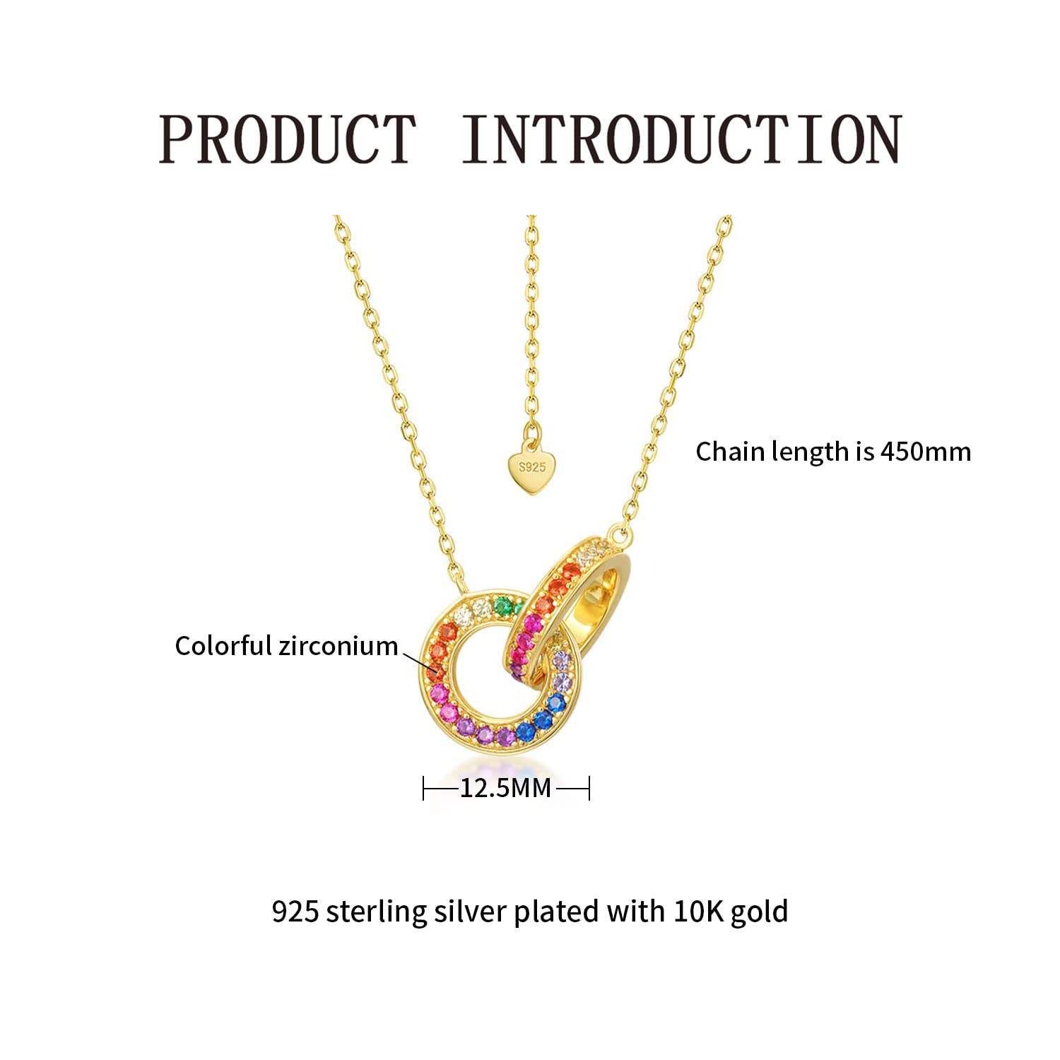 ALLNOEL Colorful Cubic Zirconia Necklace Gold Sterling Silver Double Ring Necklace Simple Gold Collarbone Chain Necklace for Women Girls