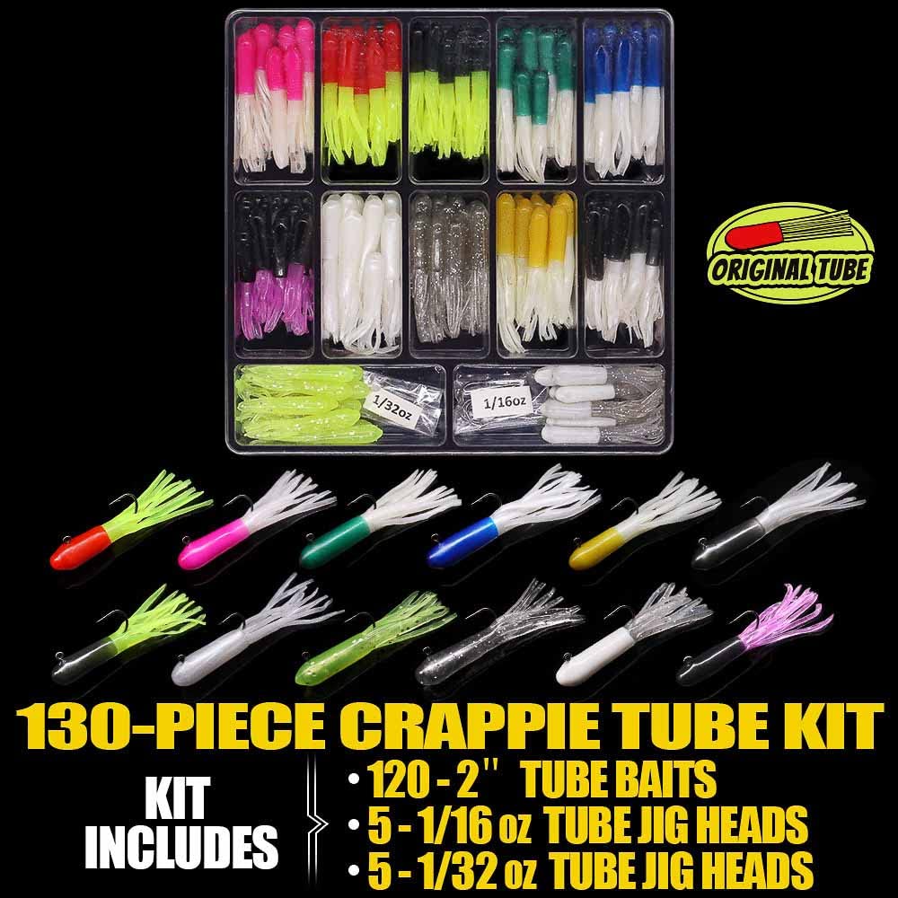 Tube Bait Crappie Lures Tube Jigs Heads Panfish Kit Crappie Bait Fishing Lure Gear Small Soft Plastic Worm Baits for Freshwater Pan Fish Trout Tackle Set Bluegill 130 Piece Kits 120 Bodies 10 Jigheads