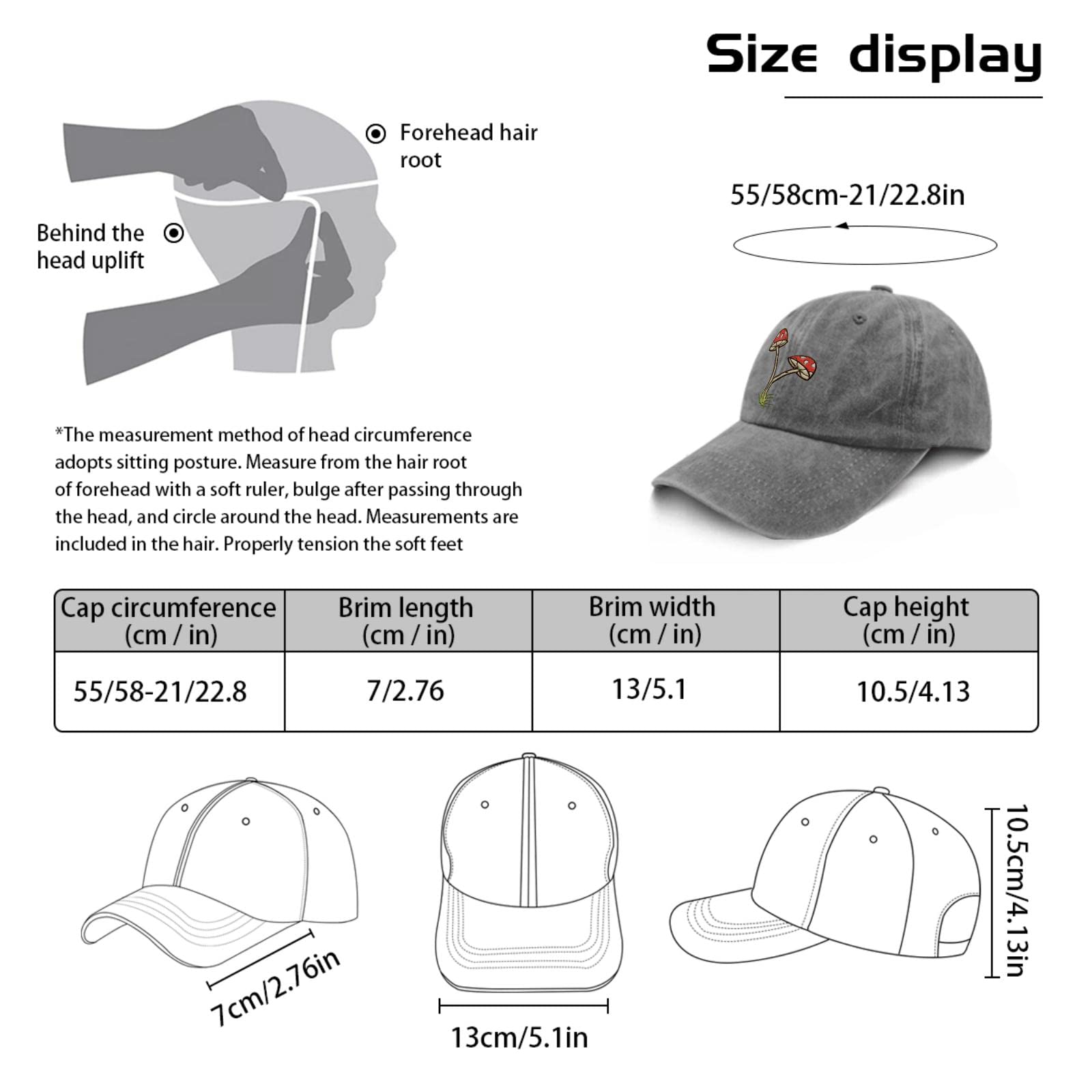 Hclnaoh Red Mushroom Baseball caps Cute Speckled Mushroom Baseball Cap Men Cotton Fishing Hats, Pigment Gray, One Size