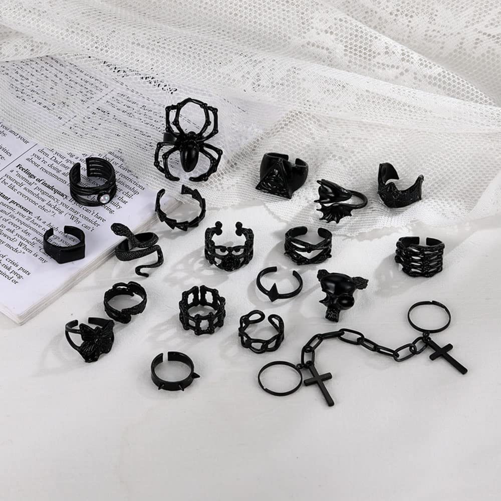 Asphire Gothic Black Knuckle Rings Set 19pcs Punk Spider Bat Skull Dragon Snake Stacking Finger Ring Band Hip Hop Costume Party Gift Accessories for Women Teens Girls