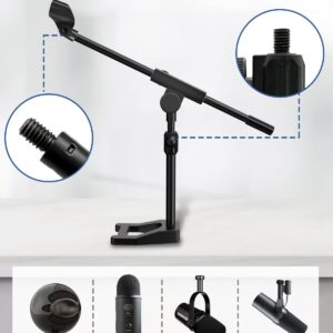 Mictop Desktop Microphone Stand, Adjustable Mic Stand with Boom Arm, Mic Clip Holder and 3/8" to 5/8" Screw Adapter for Dynamic Microphone and Blue Snowball, Blue Yeti, Kick Drums, Guitar Amps