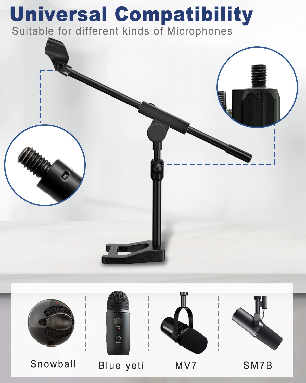 Mictop Desktop Microphone Stand, Adjustable Mic Stand with Boom Arm, Mic Clip Holder and 3/8" to 5/8" Screw Adapter for Dynamic Microphone and Blue Snowball, Blue Yeti, Kick Drums, Guitar Amps