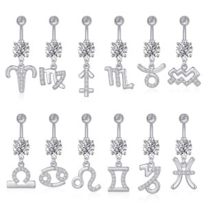 14G Dangle Belly Zodiac Signs Button Ring Silver Plated Clear CZ Zircon Stainless Steel Cute Belly Piercing Jewelry Pisces