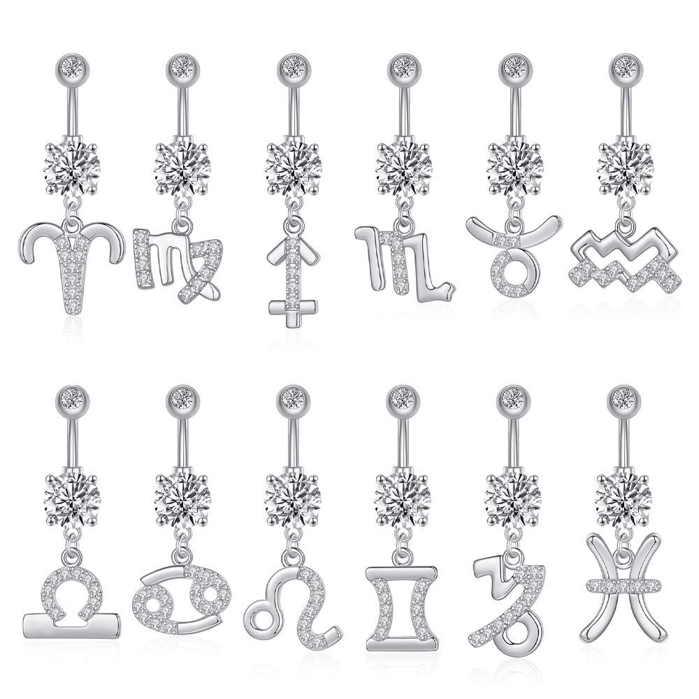 14G Dangle Belly Zodiac Signs Button Ring Silver Plated Clear CZ Zircon Stainless Steel Cute Belly Piercing Jewelry Pisces