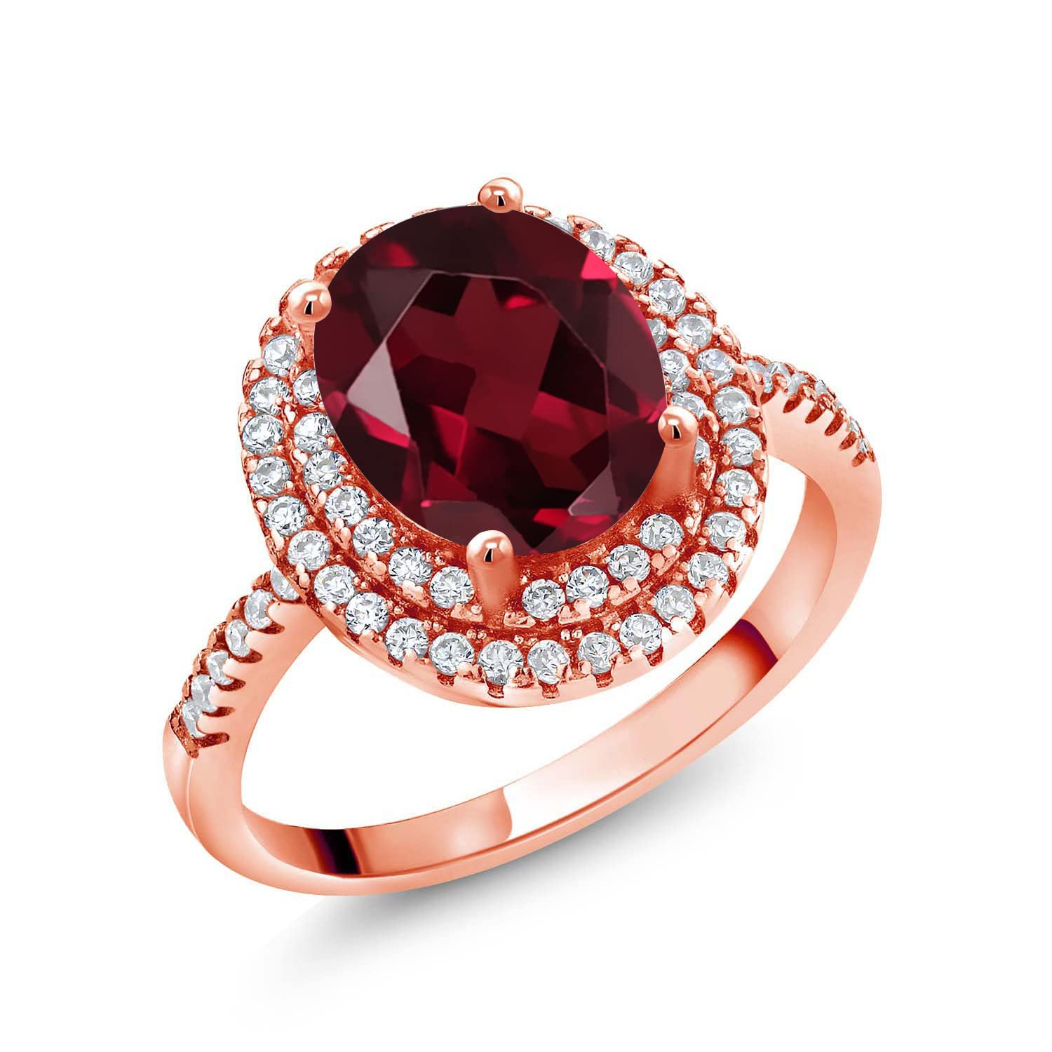 Gem Stone King 18K Rose Gold Plated Silver Red Rhodolite Garnet and Moissanite Halo Engagement Ring For Women (2.43 Cttw, Oval 9X7MM, Gemstone Birthstone, Available In Size 5, 6, 7, 8, 9)