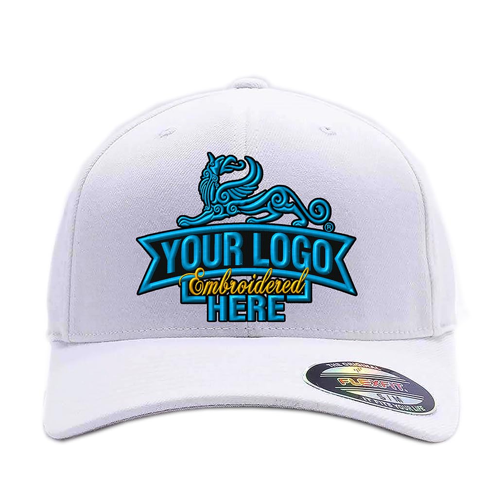 Custom Embroidered Flex Baseball hat. Flex Baseball 6277/6477 Baseball Cap. Place Your Own Logo or Design (S/M, White)