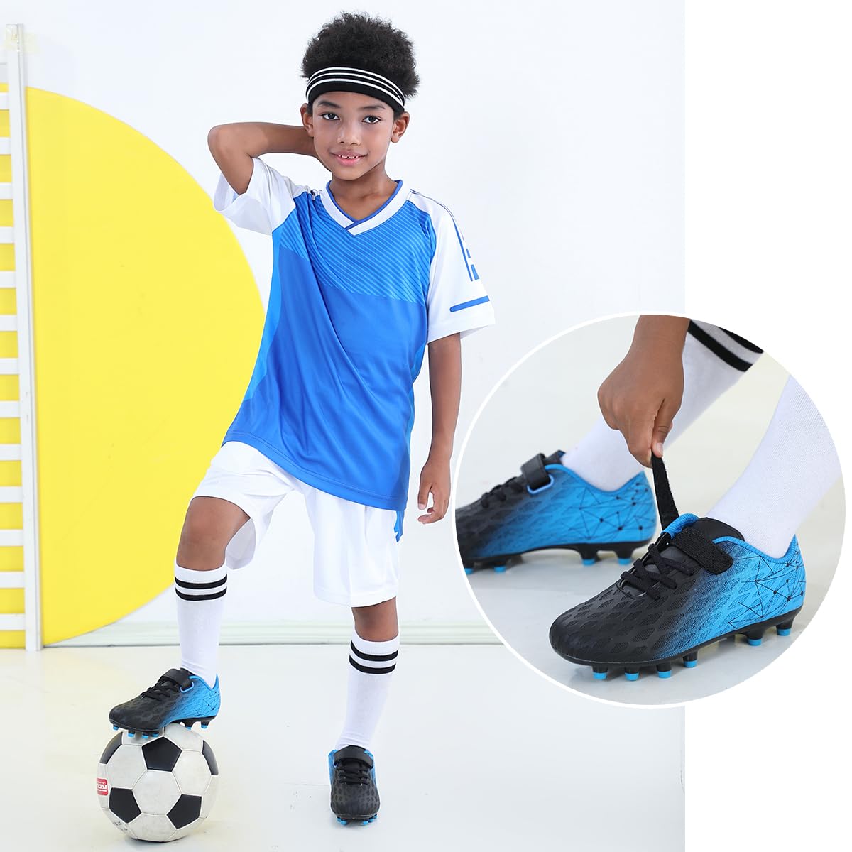 brooman Kids Firm Ground Soccer Cleats Boys Girls Athletic Outdoor Football Shoes(9,Black Blue)