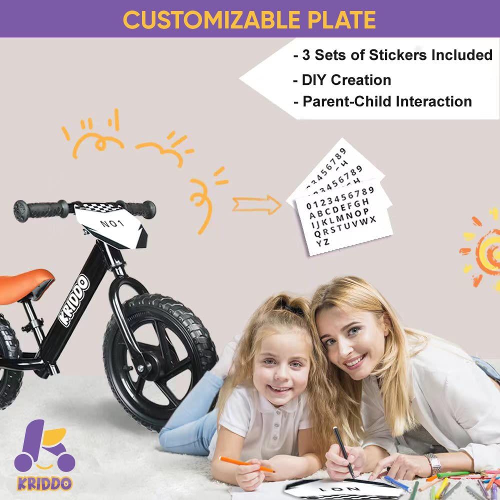 KRIDDO Toddler Balance Bike 2 Year Old,12 Inch Push Bicycle with Customize Plate (3 Sets of Stickers Included), Steady Balancing, Gift Bike for 2-5 Boys Girls, Black