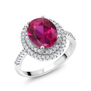 gem stone king 925 sterling silver halo engagement ring oval red created ruby and moissanite (2.43 cttw) (size 6)