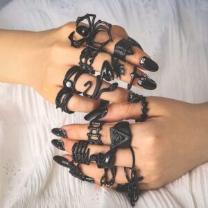 Asphire Gothic Black Knuckle Rings Set 19pcs Punk Spider Bat Skull Dragon Snake Stacking Finger Ring Band Hip Hop Costume Party Gift Accessories for Women Teens Girls