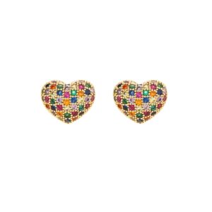 ATSOURCE Pave Stud Earrings Heart - Heart Shaped Stud Full of 45Pcs Multicolor Crystal - Gift for Sisters, Lover (Gold-Multicolor)