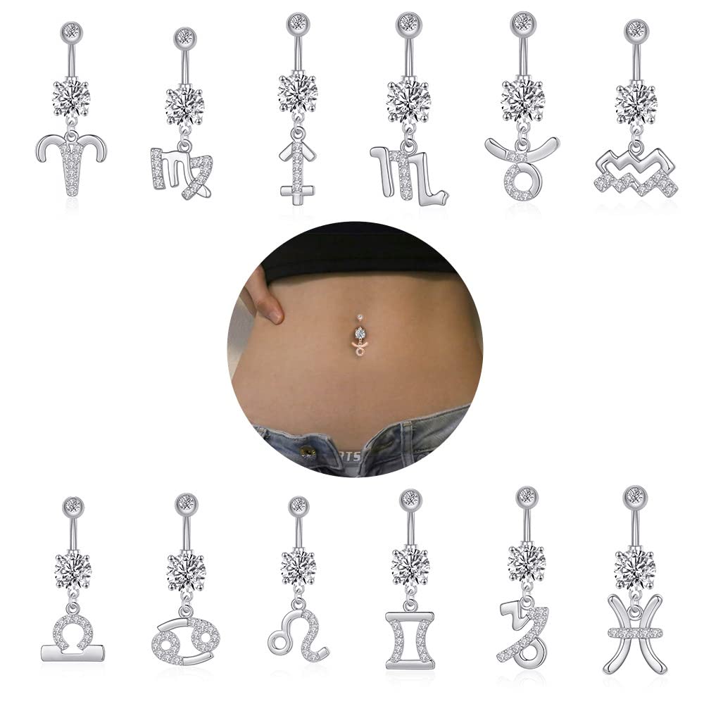 14G Dangle Belly Zodiac Signs Button Ring Silver Plated Clear CZ Zircon Stainless Steel Cute Belly Piercing Jewelry Pisces