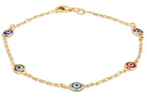 barzel 18k gold plated multi color evil eye anklet for women, 10 inches - made in brazil