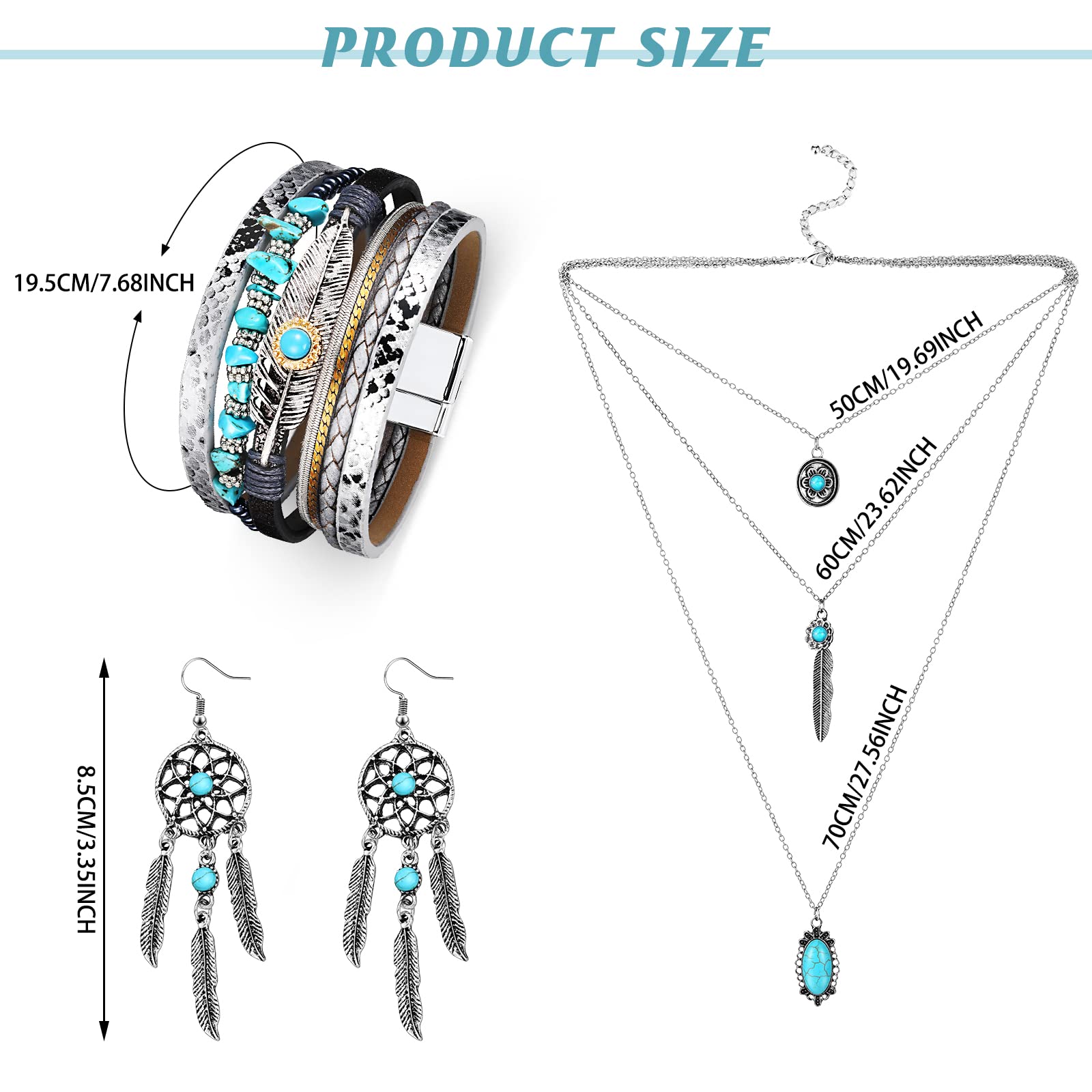 3 Pcs Western Jewelry for Women Bohemian Turquoise Set Turquoise Pendant Necklace Western Dangle Earrings Turquoise Bracelet(Cute Style)