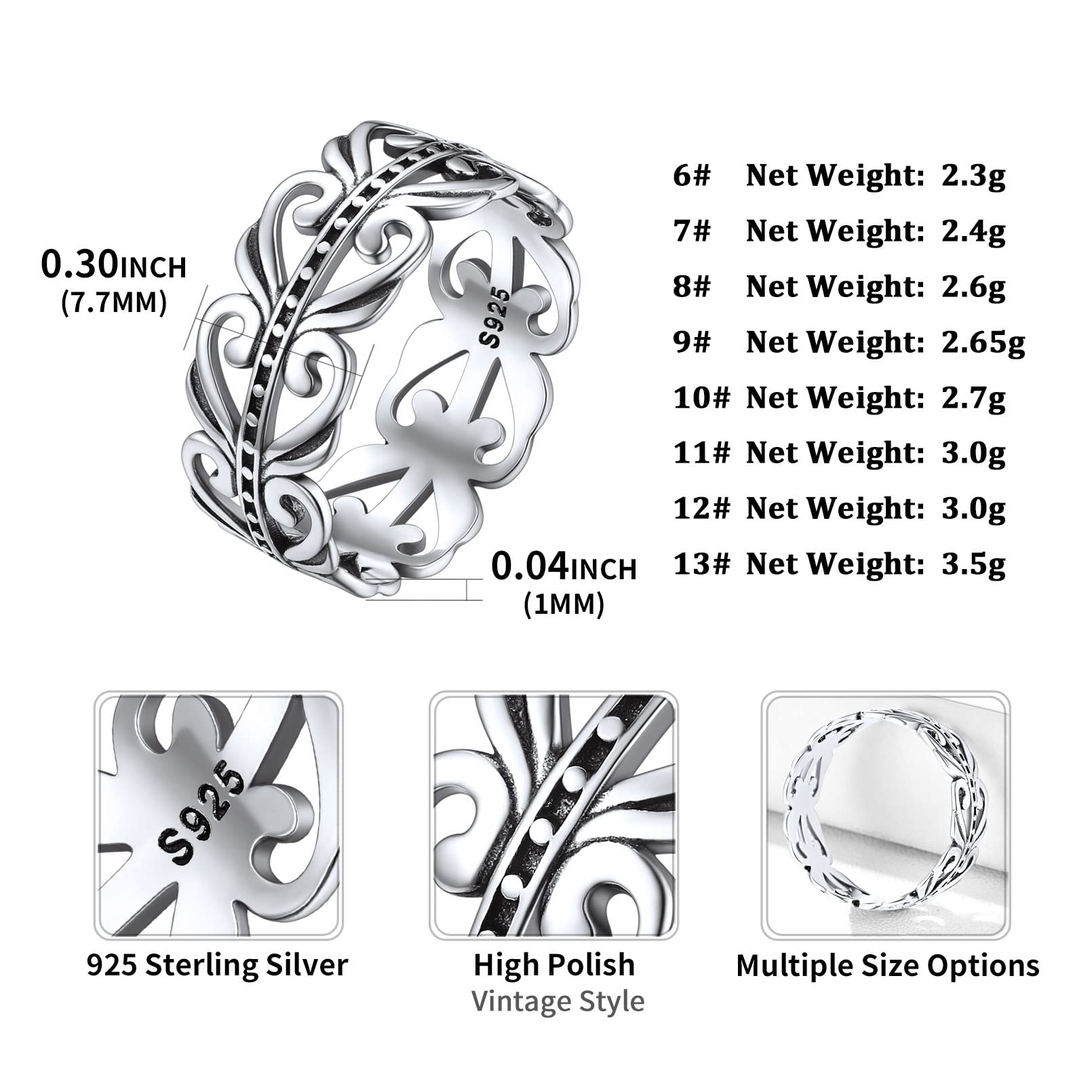 ChicSilver Men 925 Sterling Silver Stacking Ring 8mm Retro Filigree Vine Leaf Statement Ring Celtic Eternity Wedding Band for Women Size 13