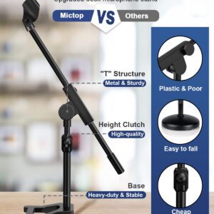 Mictop Desktop Microphone Stand, Adjustable Mic Stand with Boom Arm, Mic Clip Holder and 3/8" to 5/8" Screw Adapter for Dynamic Microphone and Blue Snowball, Blue Yeti, Kick Drums, Guitar Amps