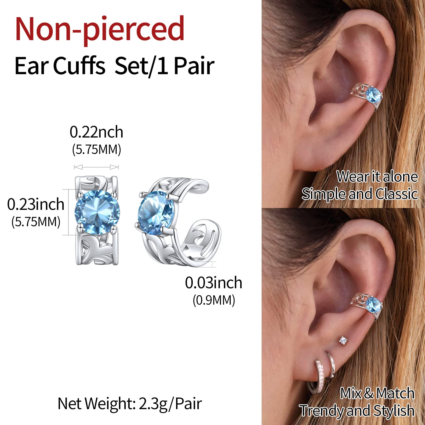 ChicSilver Celtic Knot Ear Cuff 925 Sterling Silver Conch Ear Cuff for Women Adjustable Blue Aquamarine Birthstone Non Piercing Helix Cartilage Ear Cuff earrings - March