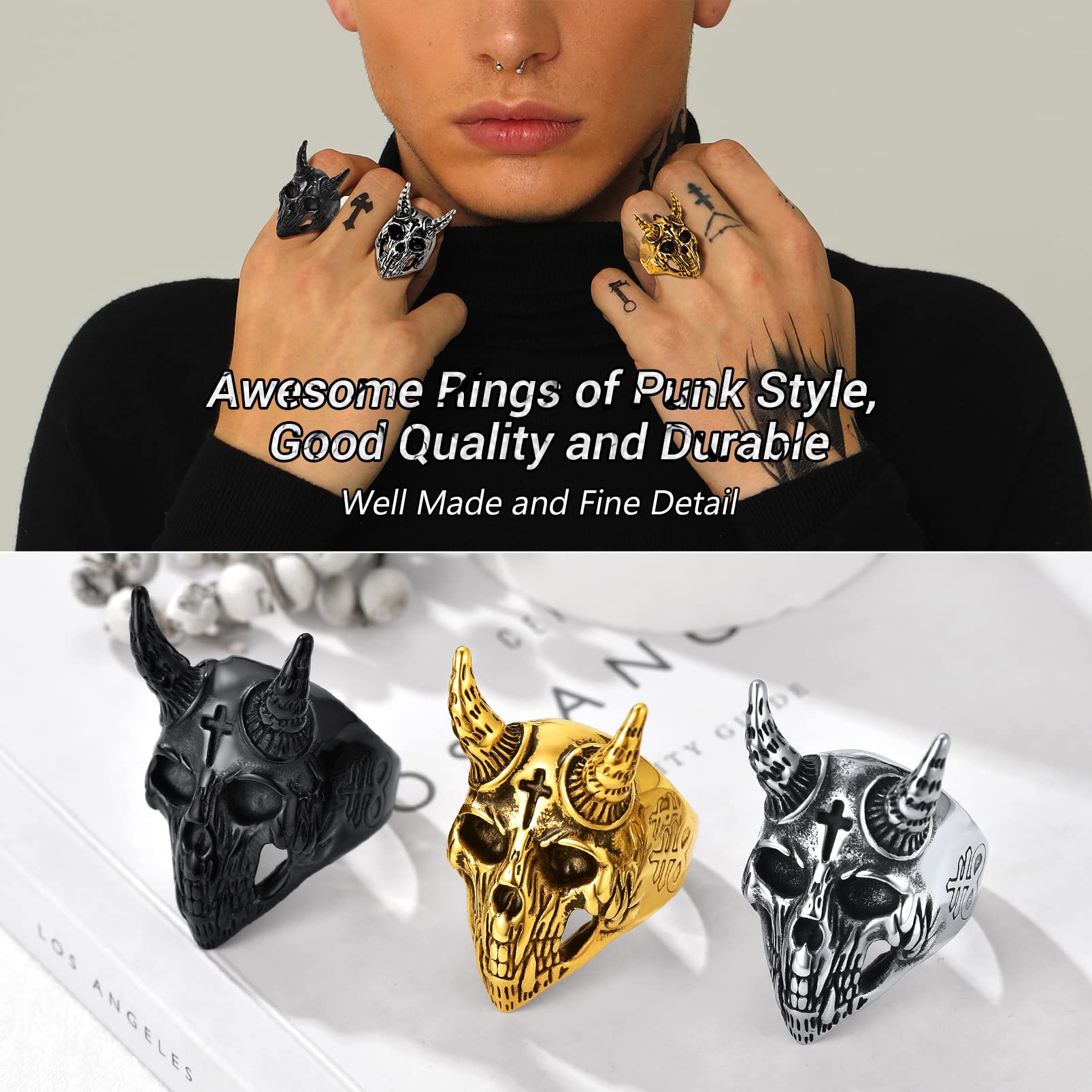 Cool Goth Black Rings For Women Size 7 Stainless Steel Aesthetic Lucifer Satanic Goat Head Ring