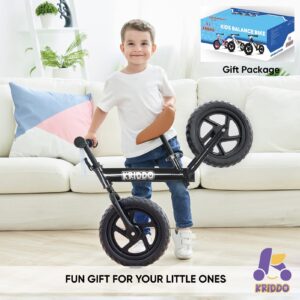 KRIDDO Toddler Balance Bike 2 Year Old,12 Inch Push Bicycle with Customize Plate (3 Sets of Stickers Included), Steady Balancing, Gift Bike for 2-5 Boys Girls, Black