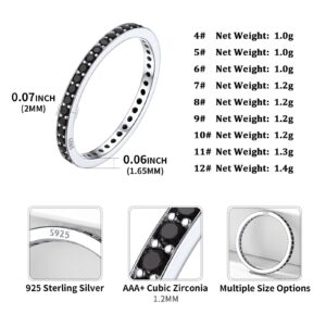 ChicSilver 2MM Women Sterling Silver Engagement Ring Black CZ Cubic Zirconia Eternity Wedding Band Size 8