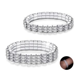 kucheed 2pcs rhinestone stretch bracelets,twinkle diamond tennis bangle,silver crystal sparkling bridal stackable bracelet jewelry,bling shining wedding party elastic band bracelet for women