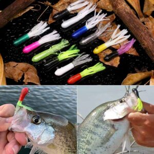 Tube Bait Crappie Lures Tube Jigs Heads Panfish Kit Crappie Bait Fishing Lure Gear Small Soft Plastic Worm Baits for Freshwater Pan Fish Trout Tackle Set Bluegill 130 Piece Kits 120 Bodies 10 Jigheads