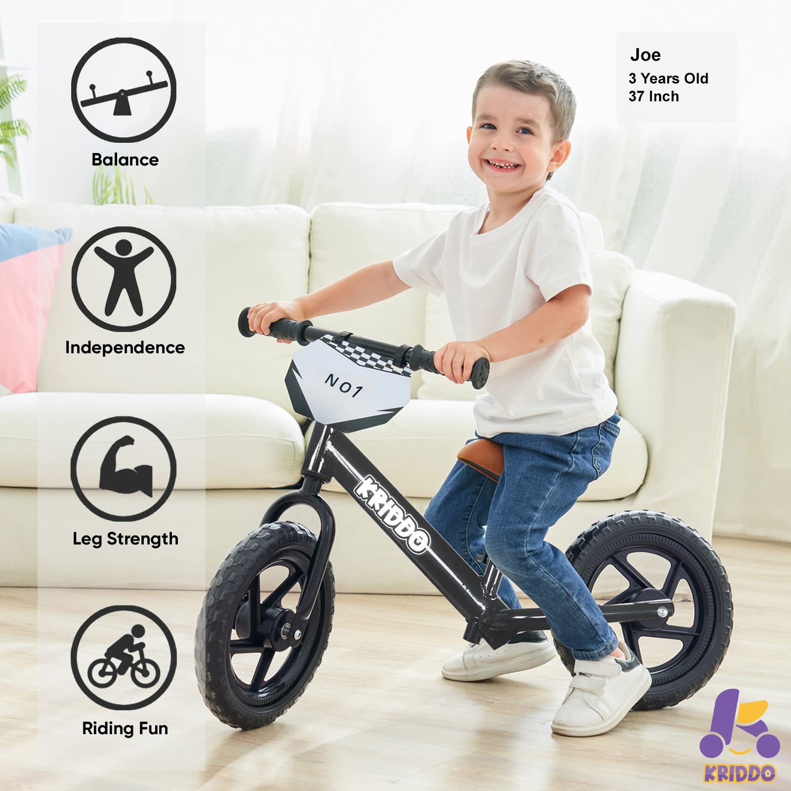 KRIDDO Toddler Balance Bike 2 Year Old,12 Inch Push Bicycle with Customize Plate (3 Sets of Stickers Included), Steady Balancing, Gift Bike for 2-5 Boys Girls, Black