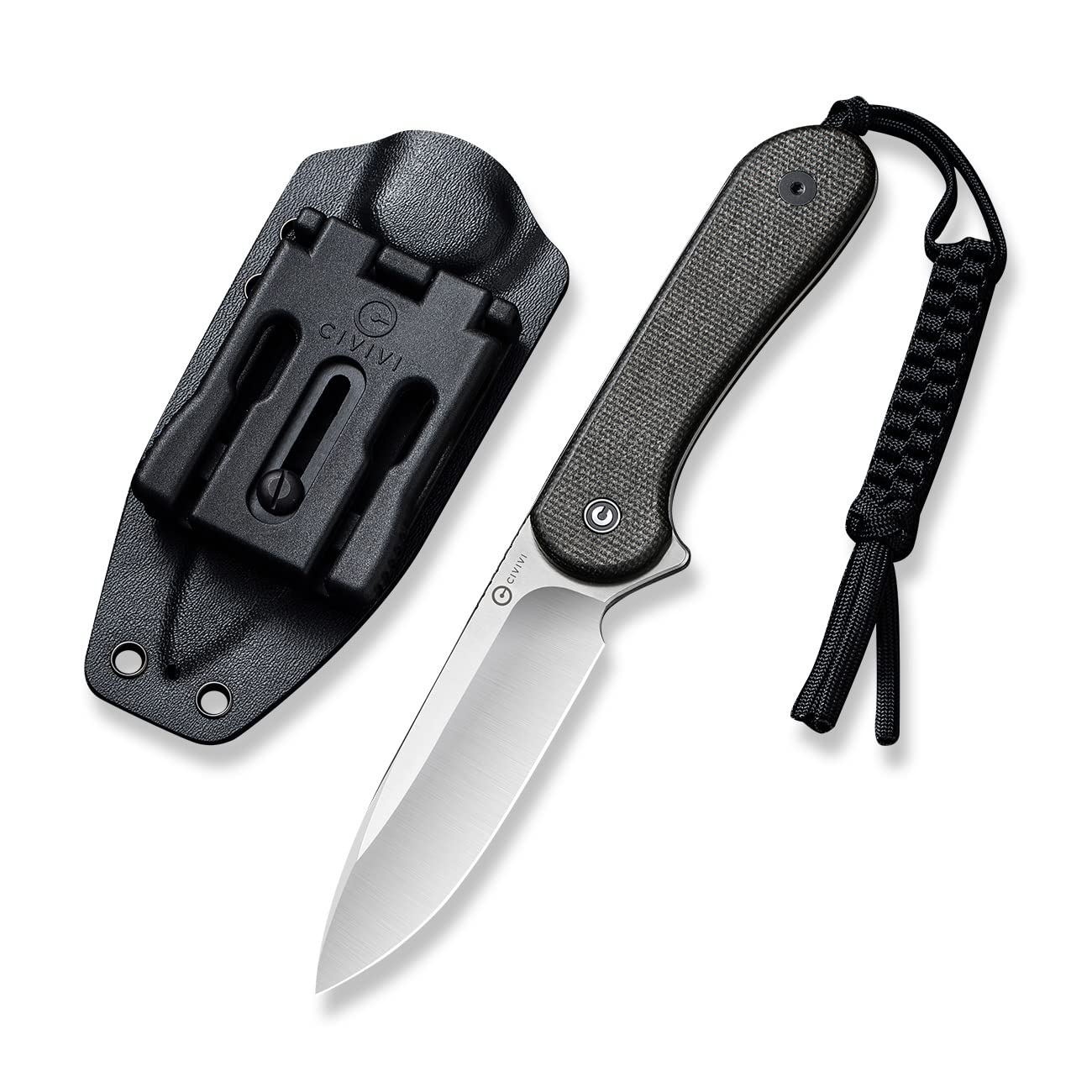 CIVIVI Fixed Blade Elementum Knife 3.98" D2 Blade, Flat G10 Handles, Belt Knife with Kydex Sheath, Tied Paracord Lanyard, Clip for Outdoor EDC C2105B