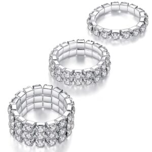 kucheed 3pcs rhinestone stretch ring,fashion crystal stackable finger rings set,cute toe ring body jewelry,silver diamond elastic band ring accessories,sparkly thumb pinky ring for women