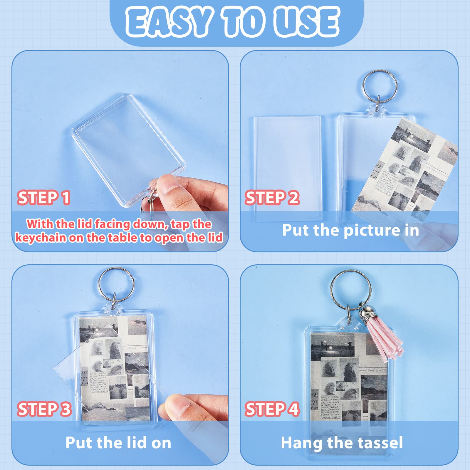 Henoyso Rectangle Acrylic Keychain Blanks Acrylic Photo Keychain Picture Frame Keychain with Tassels, 2 x 3 Inch(12 Sets)