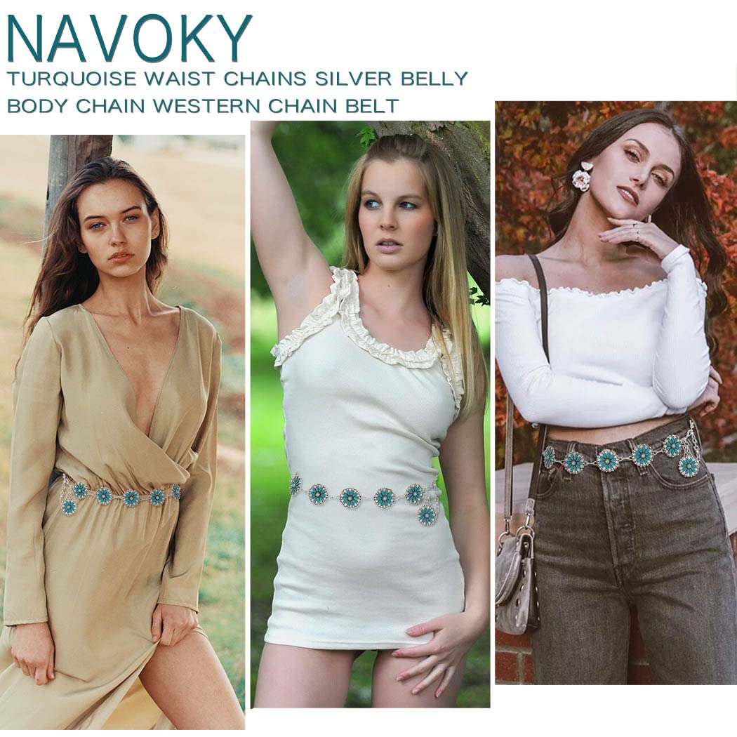 Navoky Turquoise Chain Belts Concho Belt Silver Metal Western Waist Chain Retro Boho Outfit Accessories for women (A, Medium)