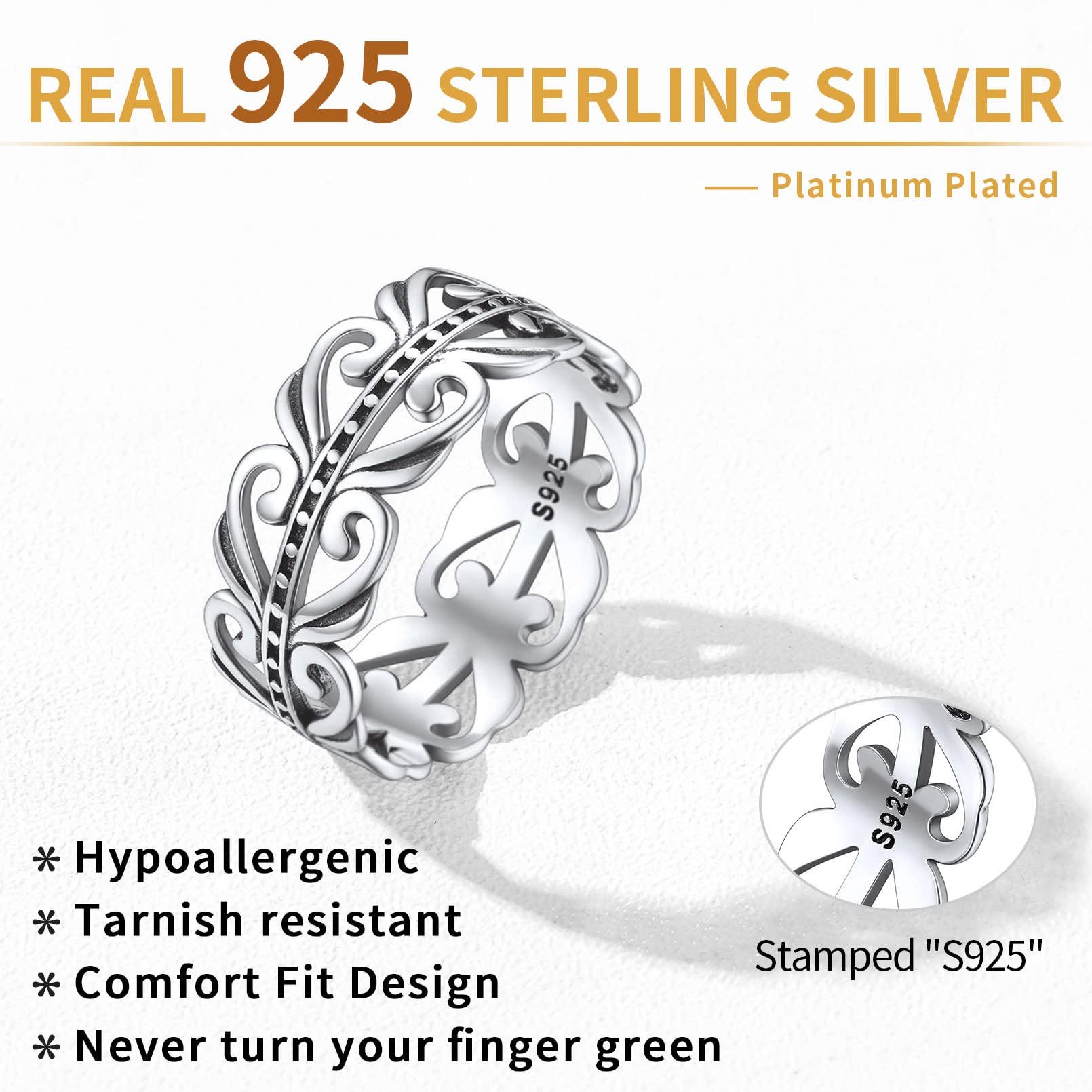 ChicSilver 925 Sterling Silver Filigree Vine Leaf Ring 8mm Retro Celtic Knot Eternity Ring Wedding Band for Women Size 6