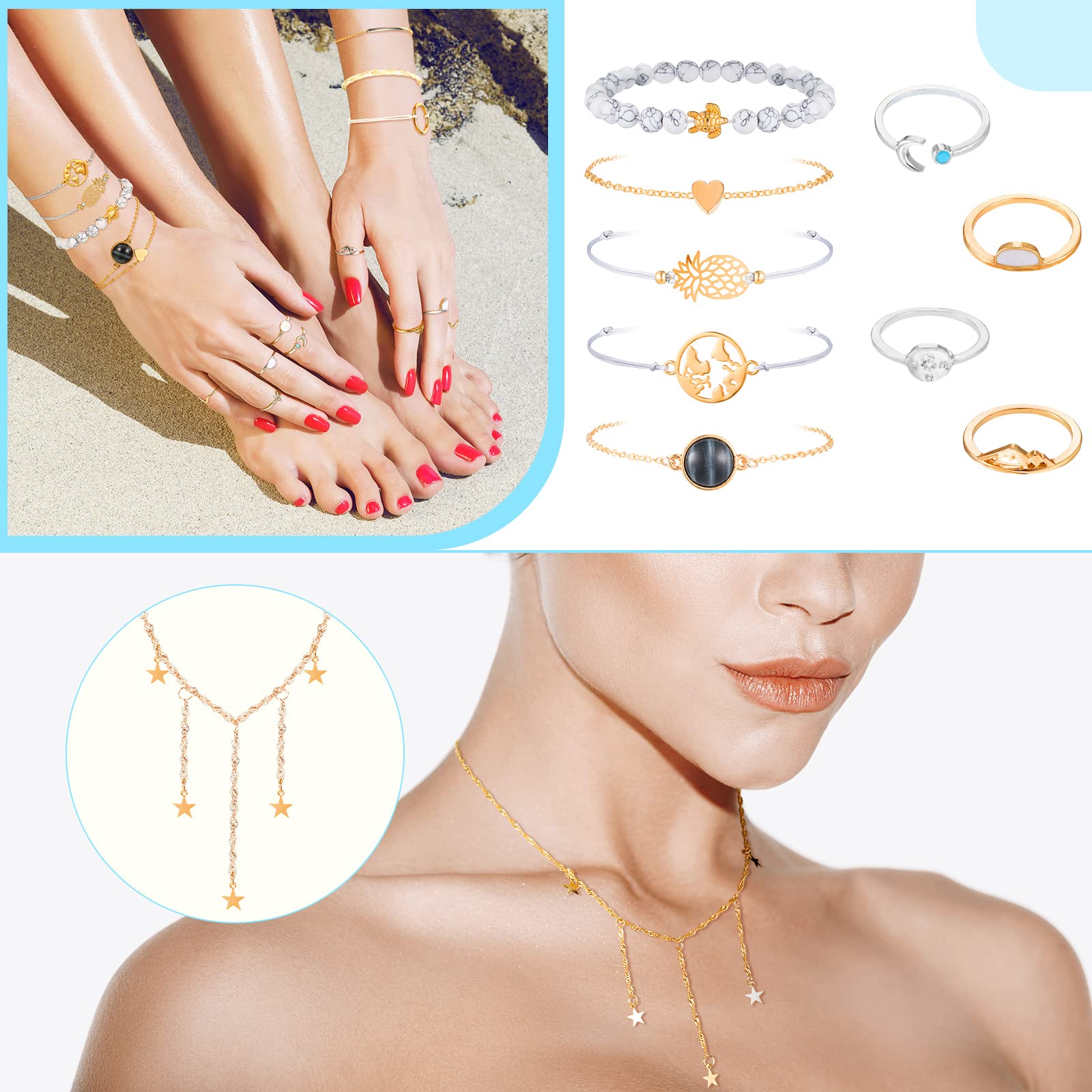 Batiyeer 60 Pcs Surfer Wave Strand, Summer Layered Choker Pendant Necklace Adjustable Multilayer Chain Necklaces Adjustable Bracelet Handmade Sunflower Rope Anklets Knuckle Rings (Elegant)