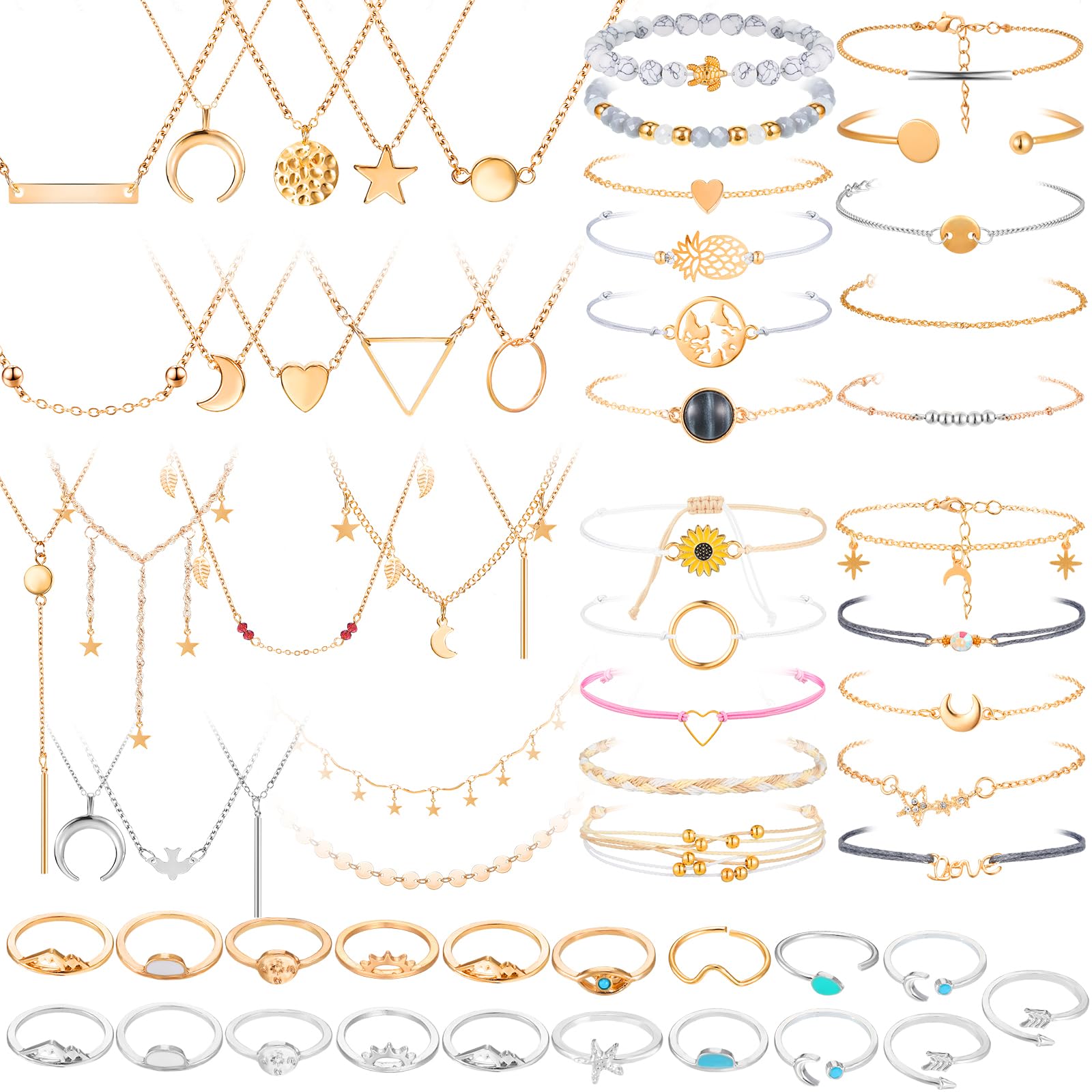 Batiyeer 60 Pcs Surfer Wave Strand, Summer Layered Choker Pendant Necklace Adjustable Multilayer Chain Necklaces Adjustable Bracelet Handmade Sunflower Rope Anklets Knuckle Rings (Elegant)