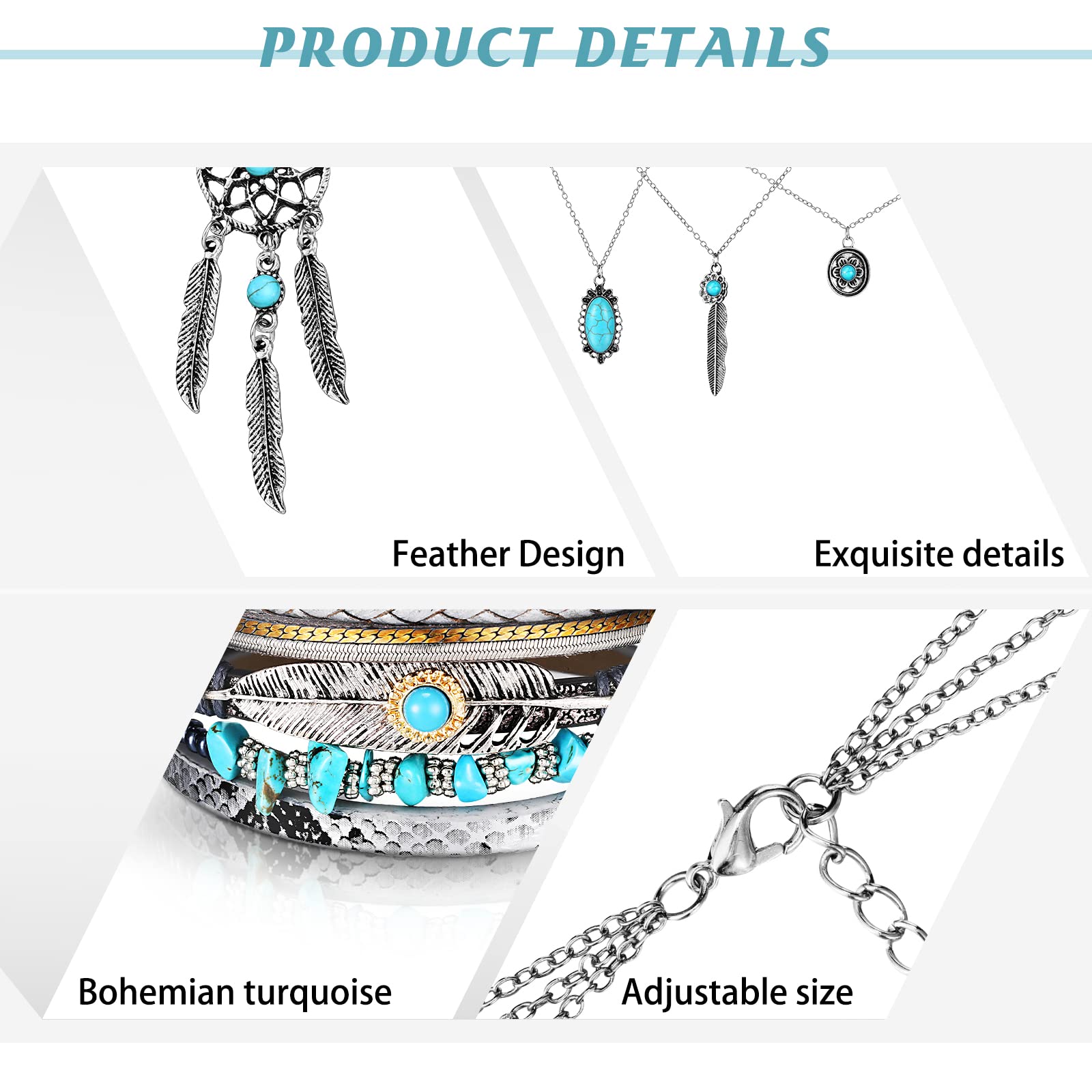 3 Pcs Western Jewelry for Women Bohemian Turquoise Set Turquoise Pendant Necklace Western Dangle Earrings Turquoise Bracelet(Cute Style)