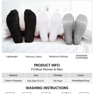 150 Pairs Low Cut Ankle Socks Pack Comfortable Wicking Lightweight Ankle Sock Casual No Show Short Socks for Men Women (White, Black and Gray)