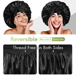 BONNET QUEEN Large Silk Bonnet for Sleeping Satin Bonnet Big Hair Bonnet Jumbo Braid Bonnet Double Layer Tie Bonnets Night Hair Wrap for Women Curly Hair Black