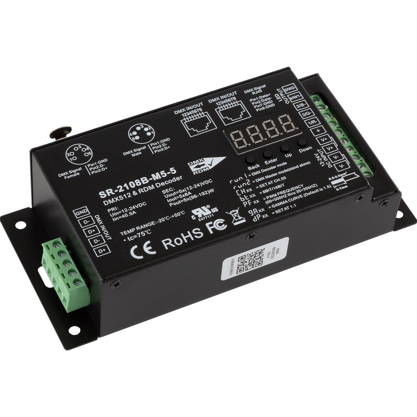 SIRS-E 5 Channel CV DMX RDM Digital PWM Decoder 8/16 bits for RGB & RGBW LED Lighting 12-24V DC UL Recognized Controller 5x8A Dimmer 5809 SR-2108B-M5-5