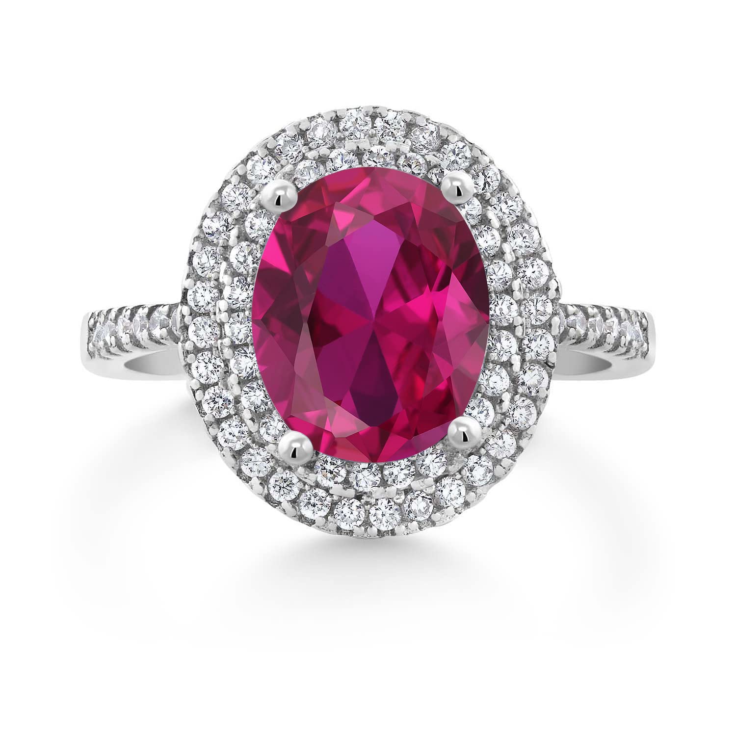 Gem Stone King 925 Sterling Silver Halo Engagement Ring Oval Red Created Ruby and Moissanite (2.43 Cttw) (Size 6)