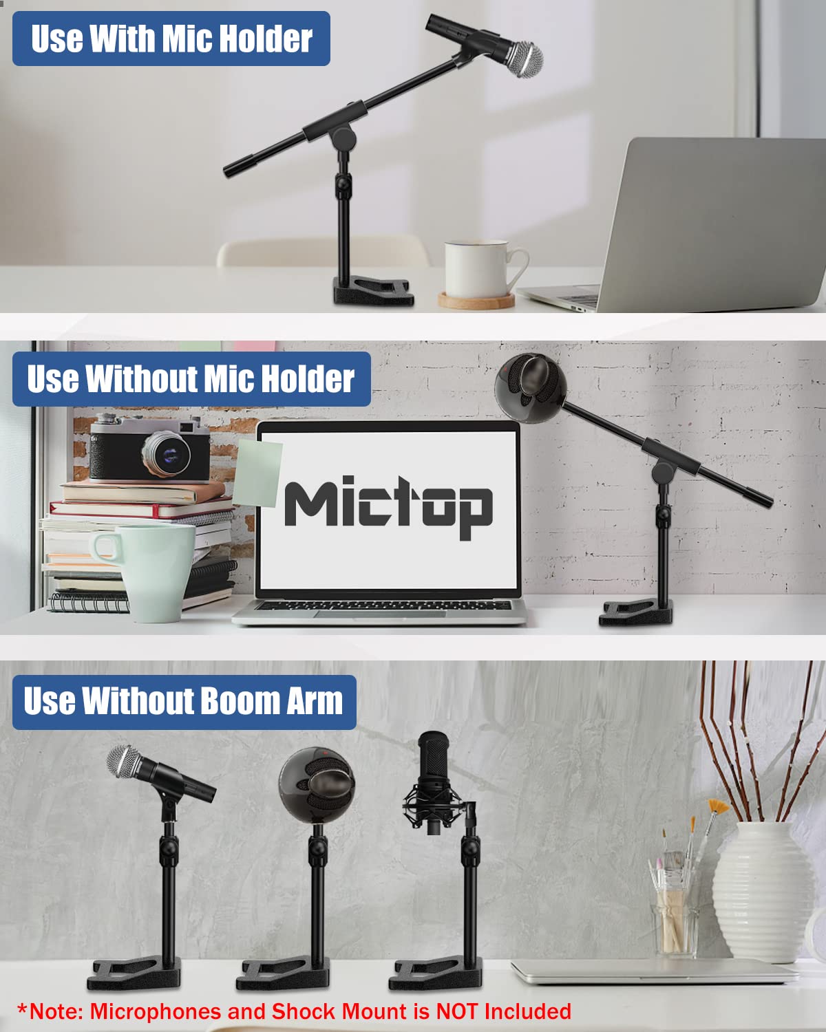 Mictop Desktop Microphone Stand, Adjustable Mic Stand with Boom Arm, Mic Clip Holder and 3/8" to 5/8" Screw Adapter for Dynamic Microphone and Blue Snowball, Blue Yeti, Kick Drums, Guitar Amps