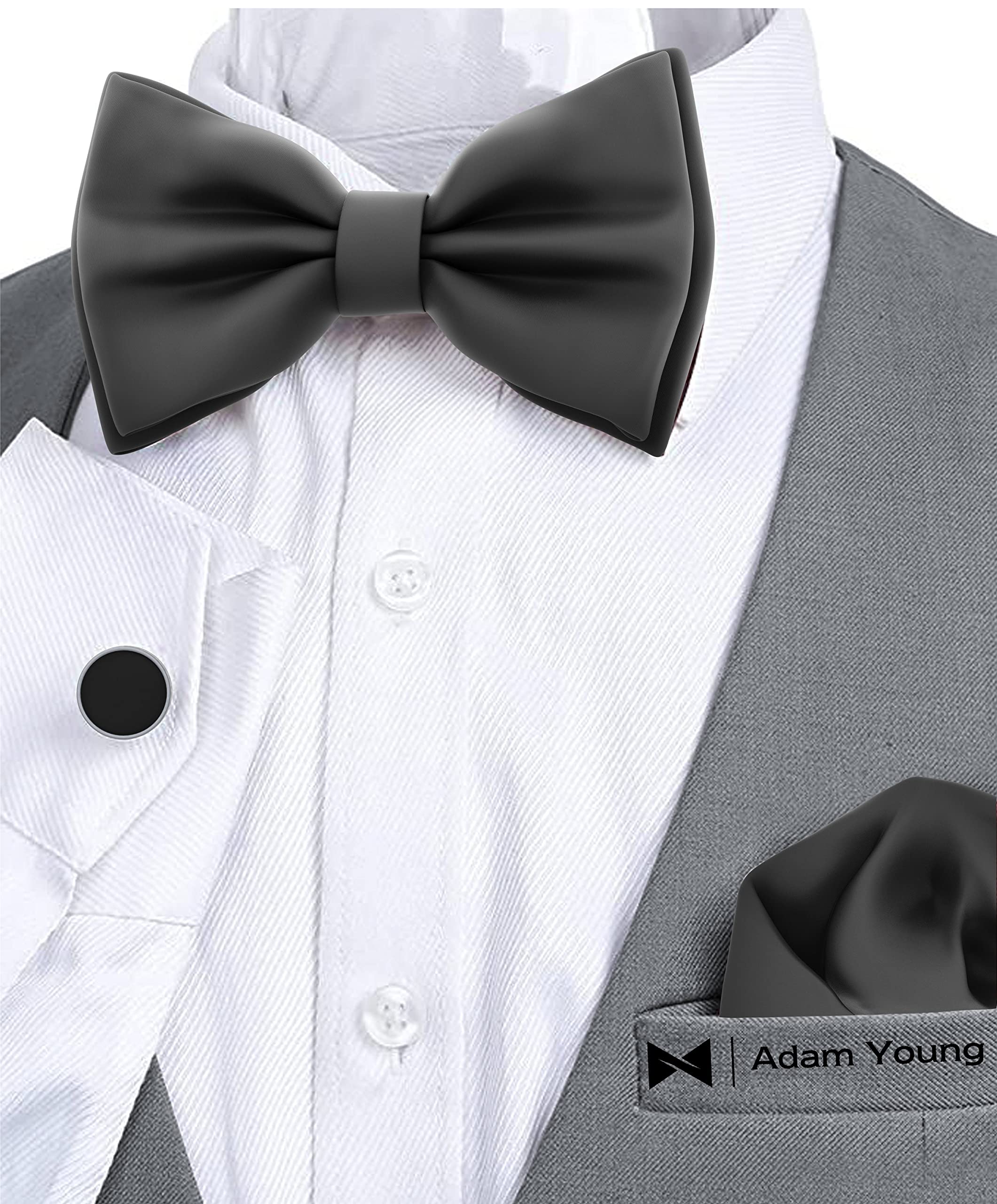 Adam Young Men's Black Bow Tie with Handkerchief & Cufflinks Pre-Tied Style Formal Satin Classic Bowtie for Tuxedo Faux Silk (Large, Black)