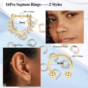 Besteel Hypoallergenic Gold Septum Rings 16G 8mm Surgical Steel Clicker Nose Rings Hoops Set Small Lip Cartilage Helix Daith Piercing Jewelry for Women Men 16 Pcs