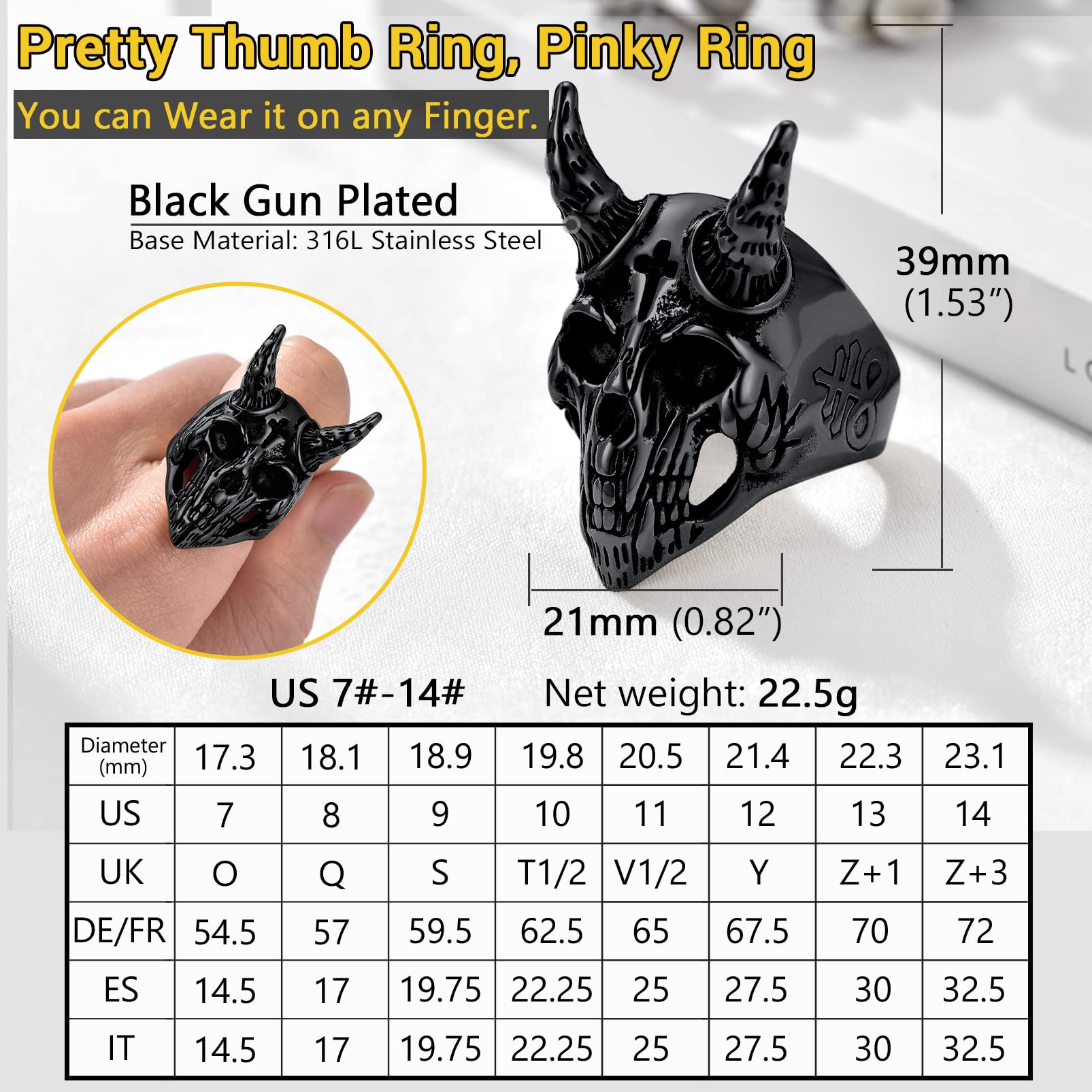 Cool Goth Black Rings For Women Size 7 Stainless Steel Aesthetic Lucifer Satanic Goat Head Ring