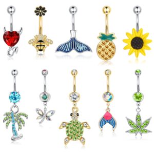 JeryWe 10Pcs 14G Dangle Belly Button Rings for Women Surgical Steel Cute Navel Rings Bee Pineapple Sunflower Turtle Butterfly Colorful Barbell CZ Body Piercing Jewelry