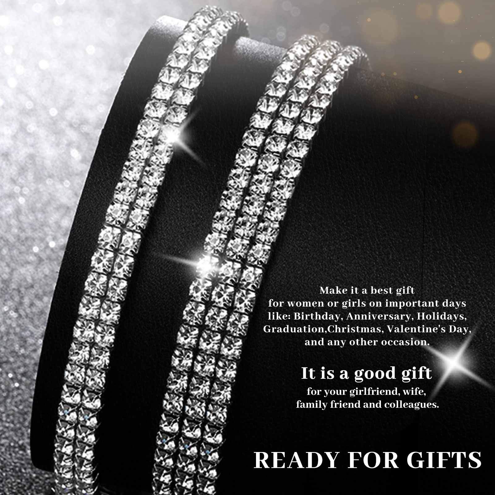 Kucheed 2PCS Rhinestone Stretch Bracelets,Twinkle Diamond Tennis Bangle,Silver Crystal Sparkling Bridal Stackable Bracelet Jewelry,Bling Shining Wedding Party Elastic Band Bracelet for Women