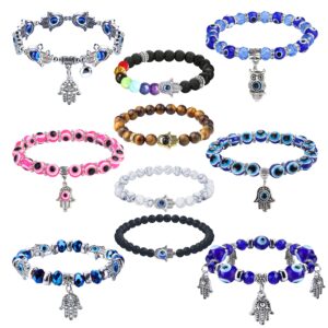 sanfenly 10pcs evil eye bead bracelet for women men hamsa hand fatima blue eye chakra beaded charm stretch bracelet turkish evil eye good luck protection bracelet evil eye jewelry gift