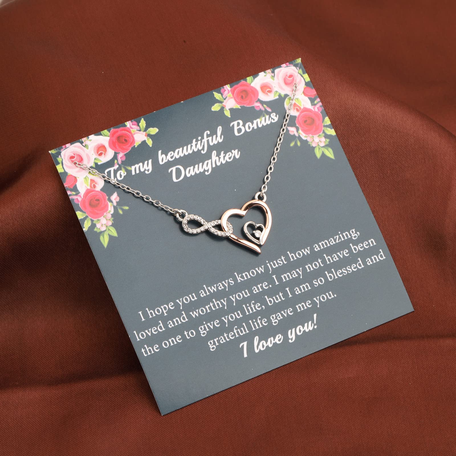 PLITI Bonus Daughter Gift Stepdaughter Jewelry Infinity Heart Pendant To My Beautiful Bonus Daughter Necklace Unbiological Daughter Gift (Bonus Daughter Infinity Heart nec)