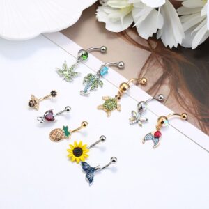 JeryWe 10Pcs 14G Dangle Belly Button Rings for Women Surgical Steel Cute Navel Rings Bee Pineapple Sunflower Turtle Butterfly Colorful Barbell CZ Body Piercing Jewelry