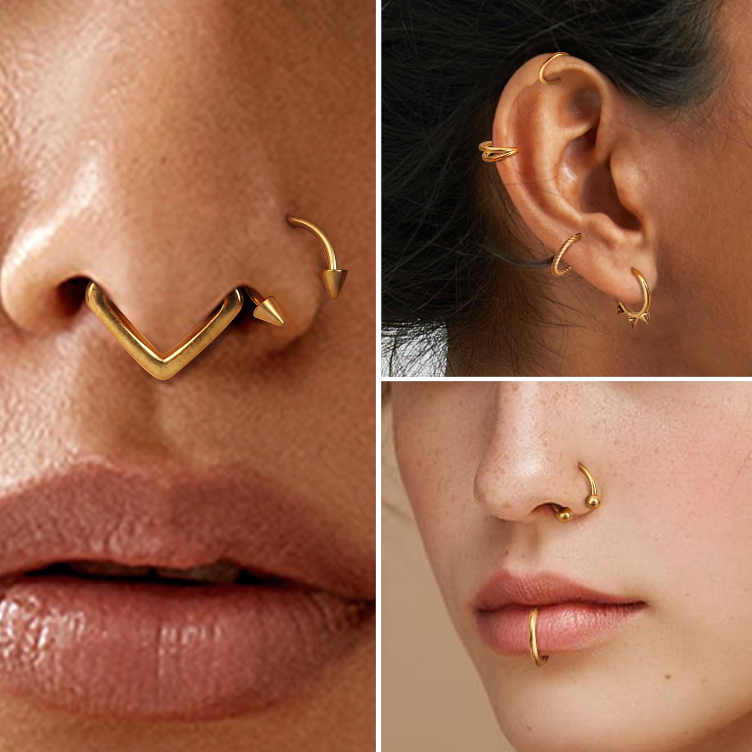 Besteel Hypoallergenic Gold Septum Rings 16G 8mm Surgical Steel Clicker Nose Rings Hoops Set Small Lip Cartilage Helix Daith Piercing Jewelry for Women Men 16 Pcs