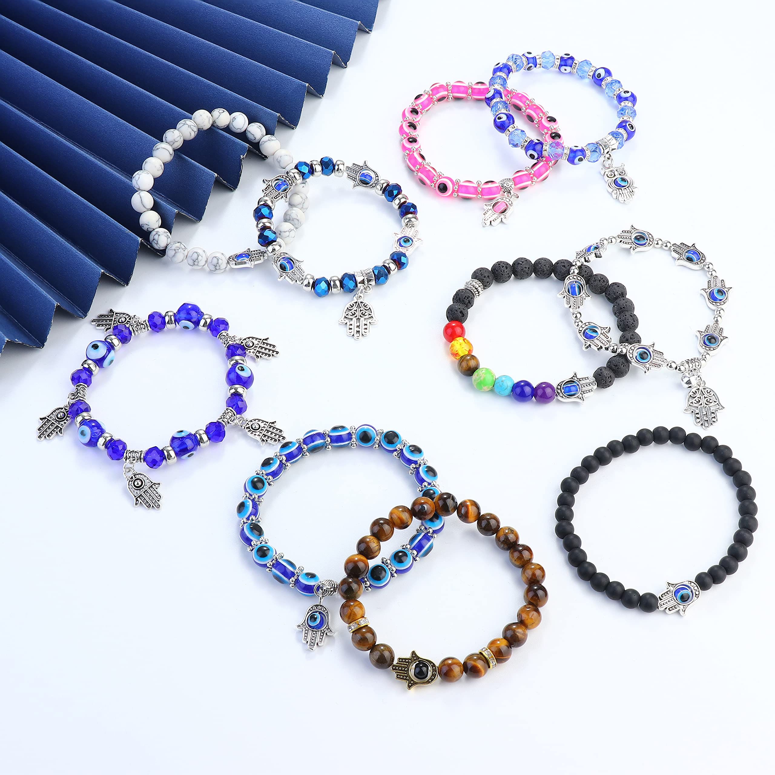 Sanfenly 10Pcs Evil Eye Bead Bracelet for Women Men Hamsa Hand Fatima Blue Eye Chakra Beaded Charm Stretch Bracelet Turkish Evil Eye Good Luck Protection Bracelet Evil Eye Jewelry Gift